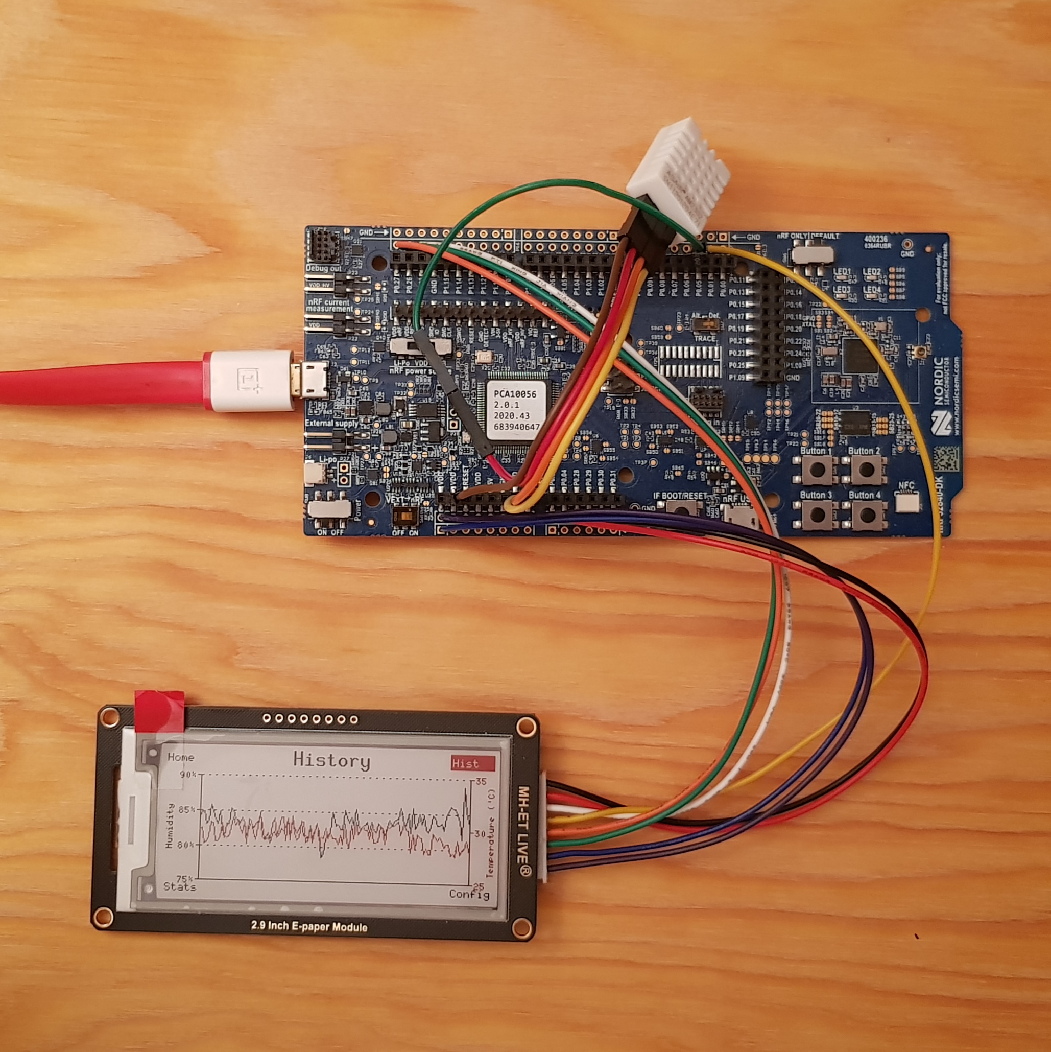 Image of the nRF52840-DK board with the ePaper display connected, displaying the history page