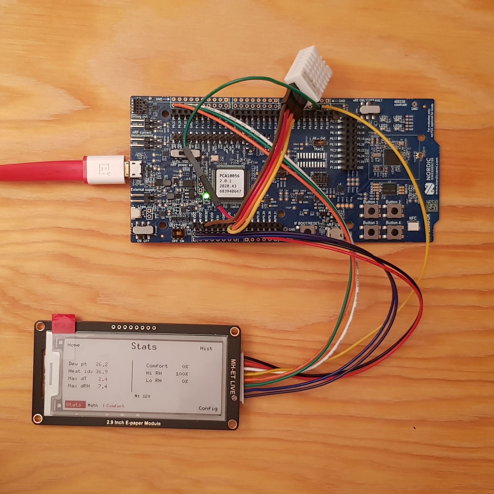Image of the nRF52840-DK board with the ePaper display connected, displaying the second tab of the statistics page