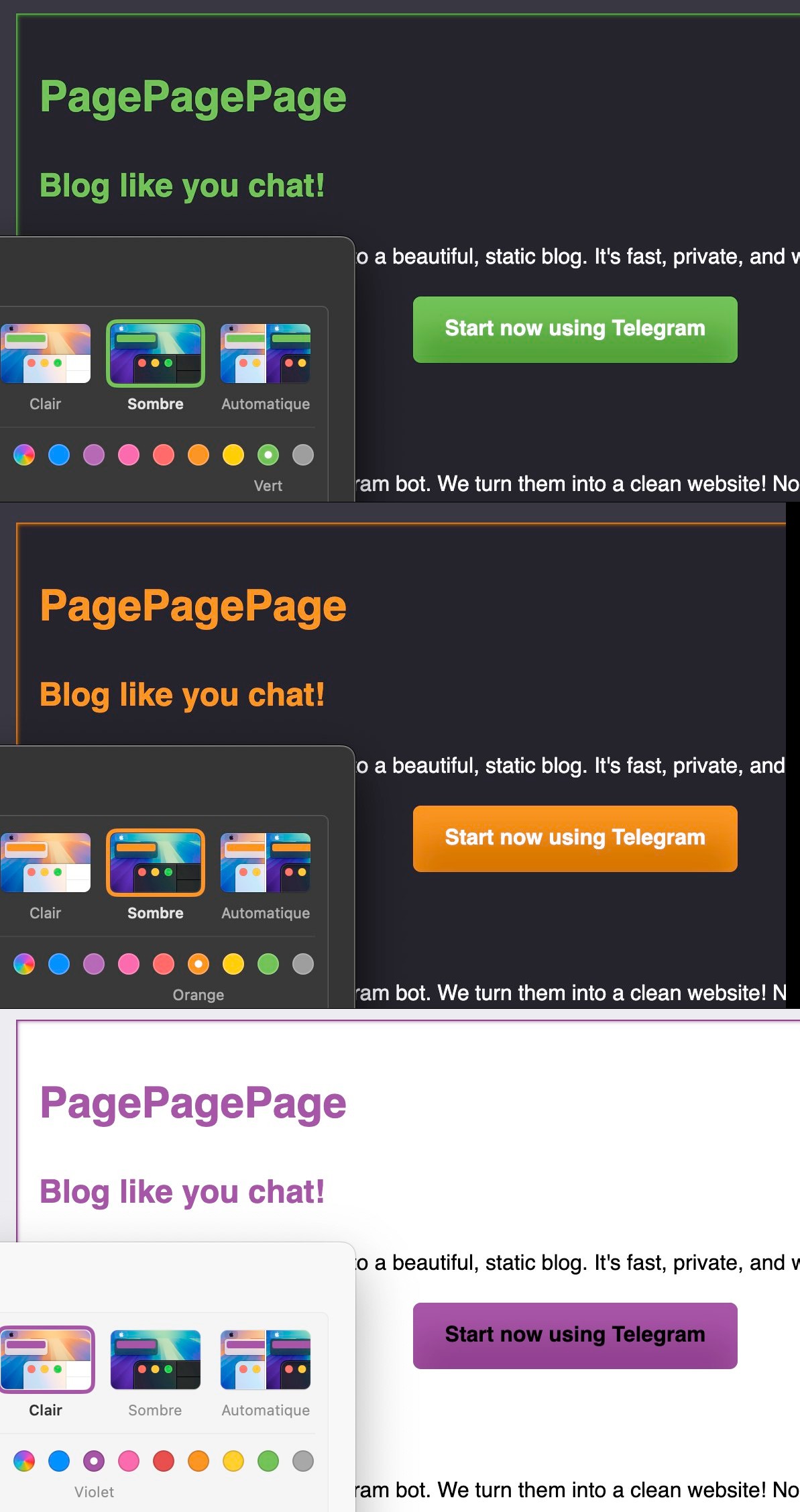 Demonstration of the site using the CSS system colors to adapt to the user's system theme. This shows green on a dark theme, orange on a dark theme, and purple on a light theme.