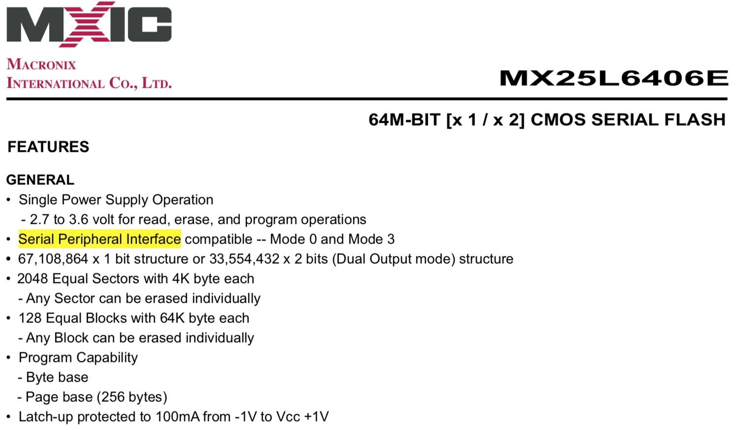 Capture of the MX25L6406E datasheet mentioning SPI capabilities