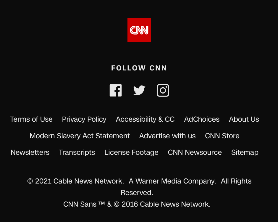 Footer of the CNN website in 2021